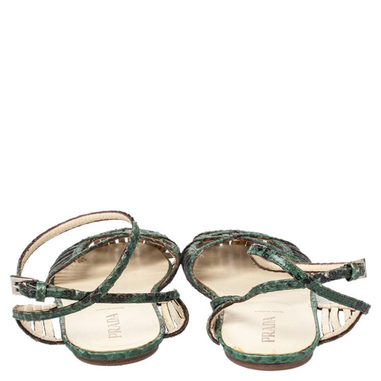 Pre Owned Prada Green/Black Python Flat Ankle Strap Sandals Size 37