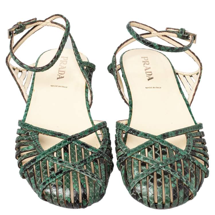 Pre Owned Prada Green/Black Python Flat Ankle Strap Sandals Size 37