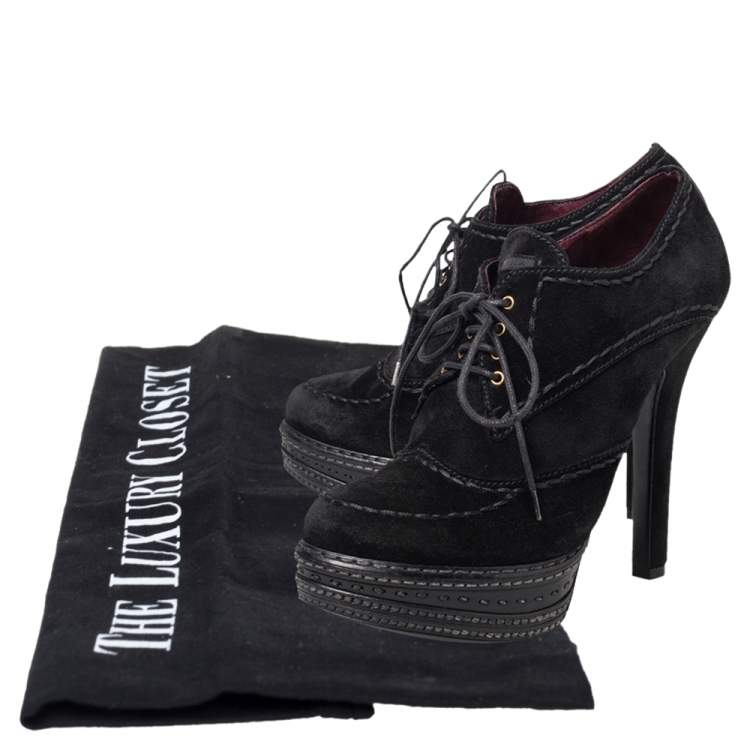 Pre Owned Prada Black Suede Platform Lace Up Booties Size 38.5