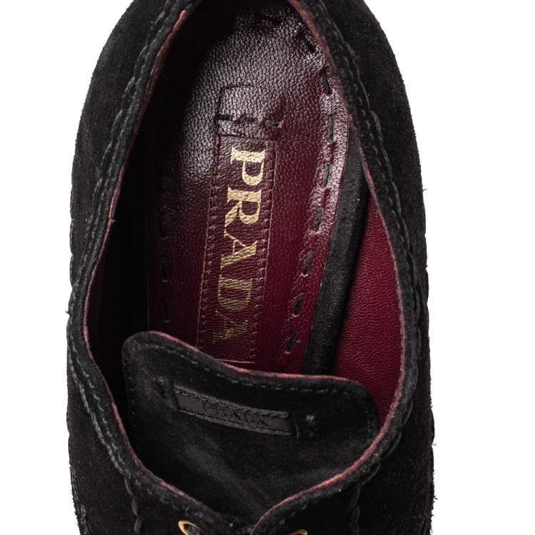 Pre Owned Prada Black Suede Platform Lace Up Booties Size 38.5