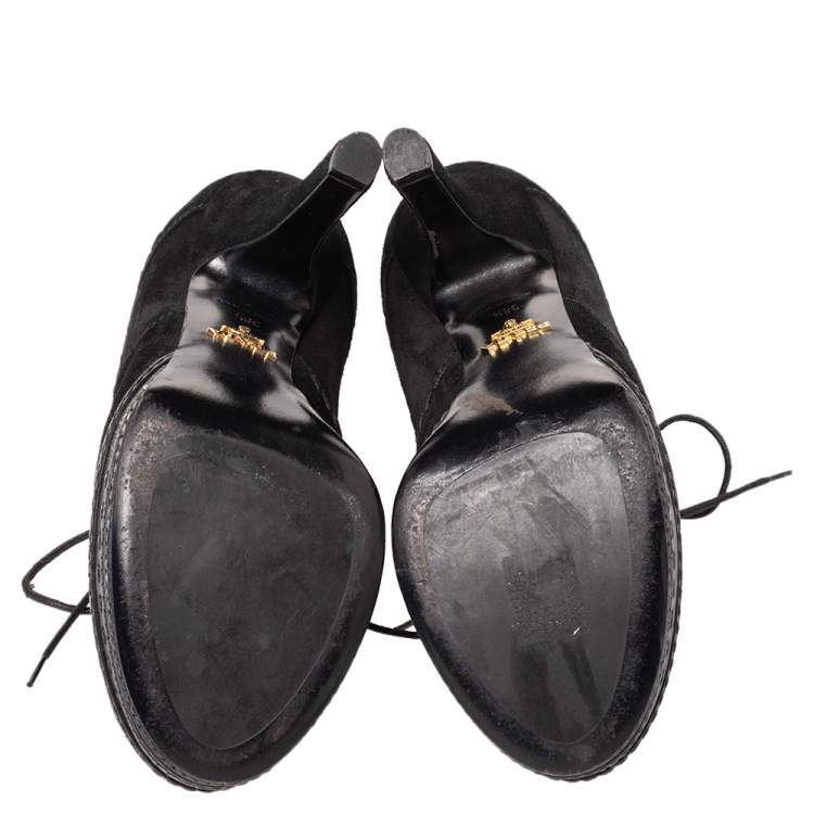 Pre Owned Prada Black Suede Platform Lace Up Booties Size 38.5