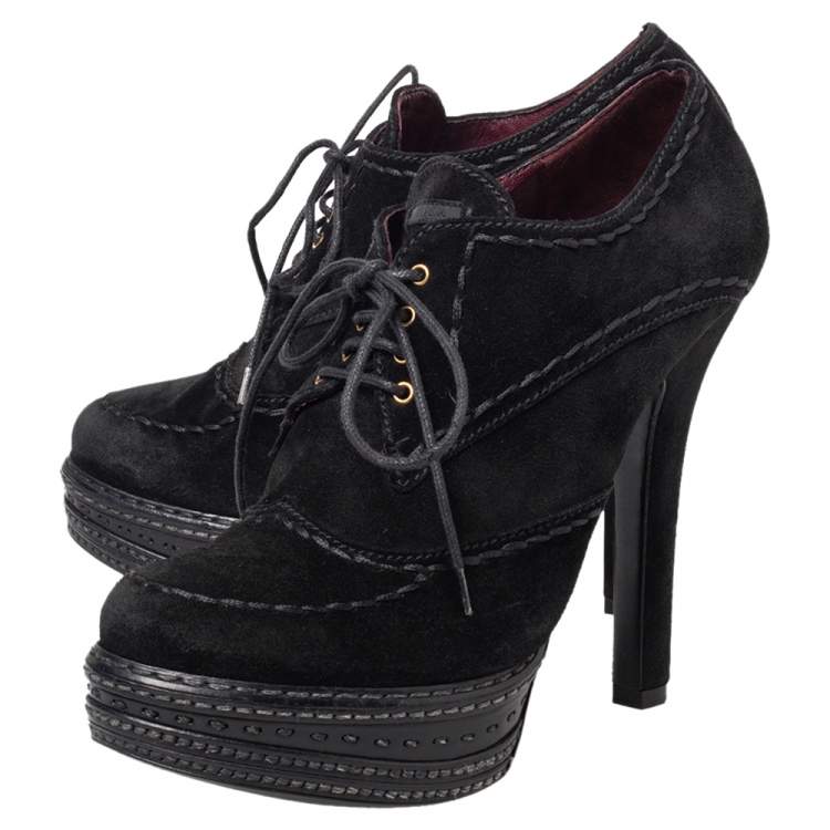 Pre Owned Prada Black Suede Platform Lace Up Booties Size 38.5