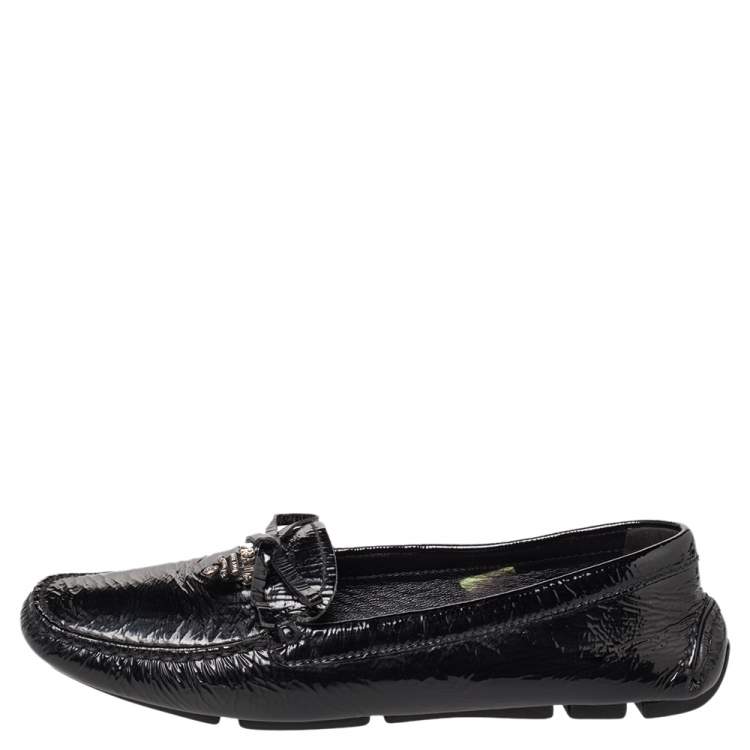Pre Owned Prada Black Patent Leather Bow Slip On Loafers Size 37.5