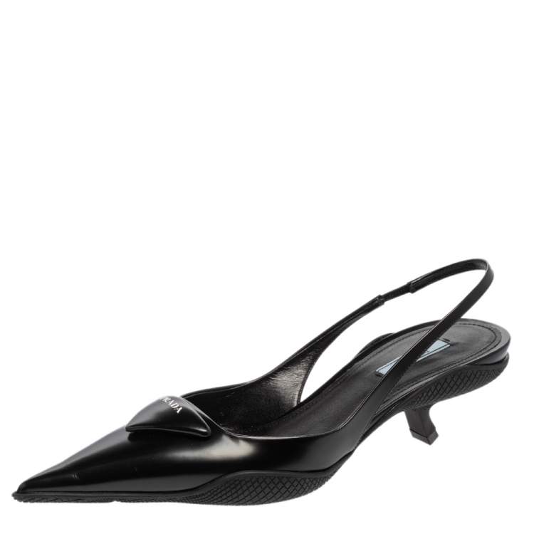 Prada Black Leather Triangle Logo Kitten Heel Slingback Sandals Size 40  Prada | TLC