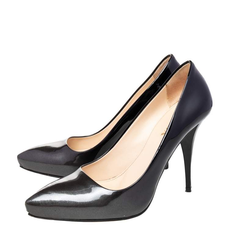 Pre Owned Prada Metallic Grey/Black Patent Leather Pointed Toe Pumps Size 37.5