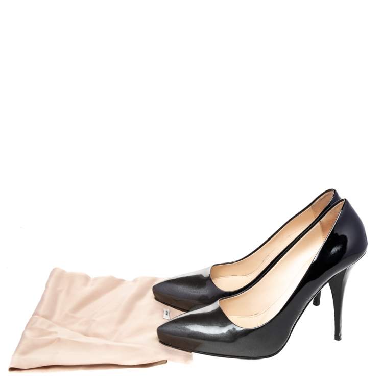 Pre Owned Prada Metallic Grey/Black Patent Leather Pointed Toe Pumps Size 37.5