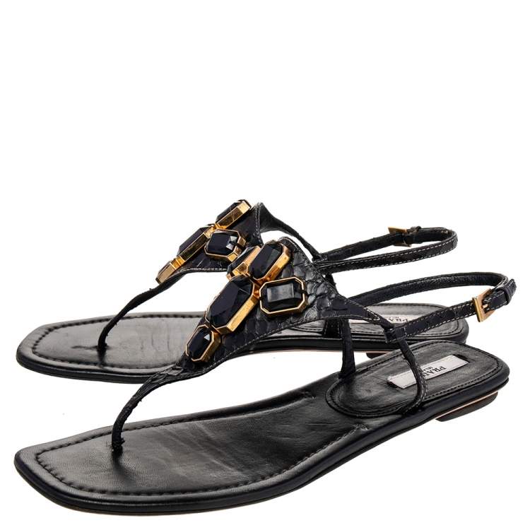 Pre Owned Prada Black Python Embellished Thong Flat Sandals Size 38
