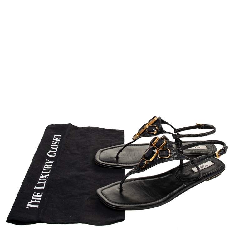 Pre Owned Prada Black Python Embellished Thong Flat Sandals Size 38