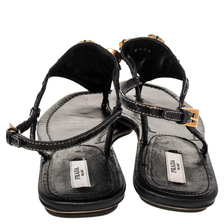 Pre Owned Prada Black Python Embellished Thong Flat Sandals Size 38