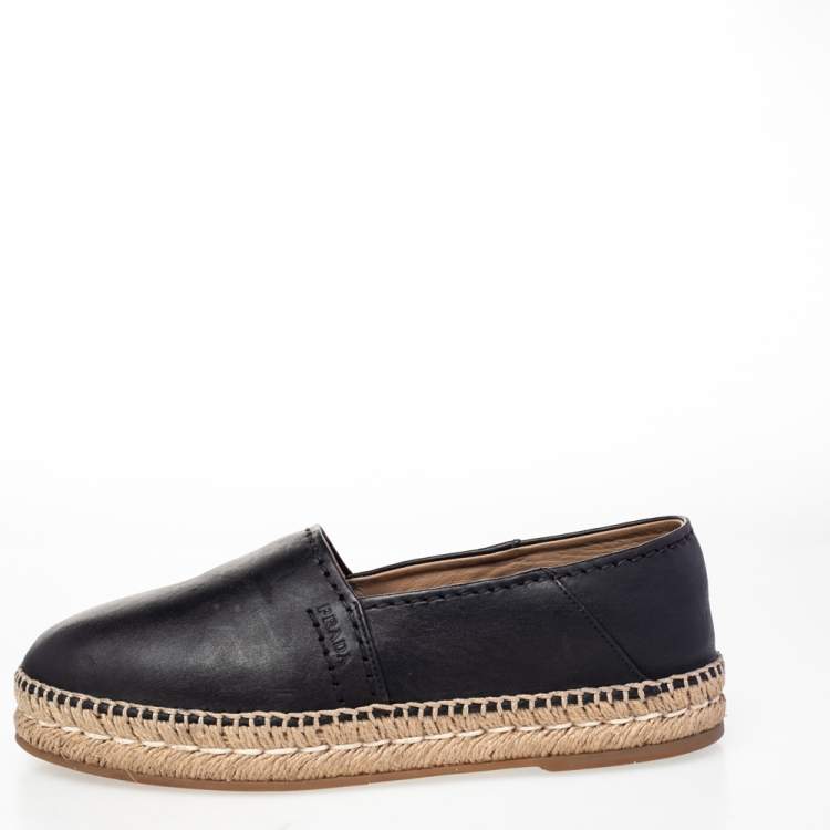 Pre Owned Prada Black Leather Espadrille Flats Size 38.5