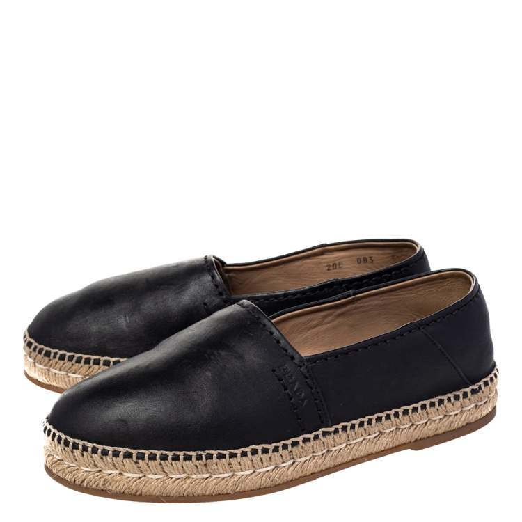 Pre Owned Prada Black Leather Espadrille Flats Size 38.5