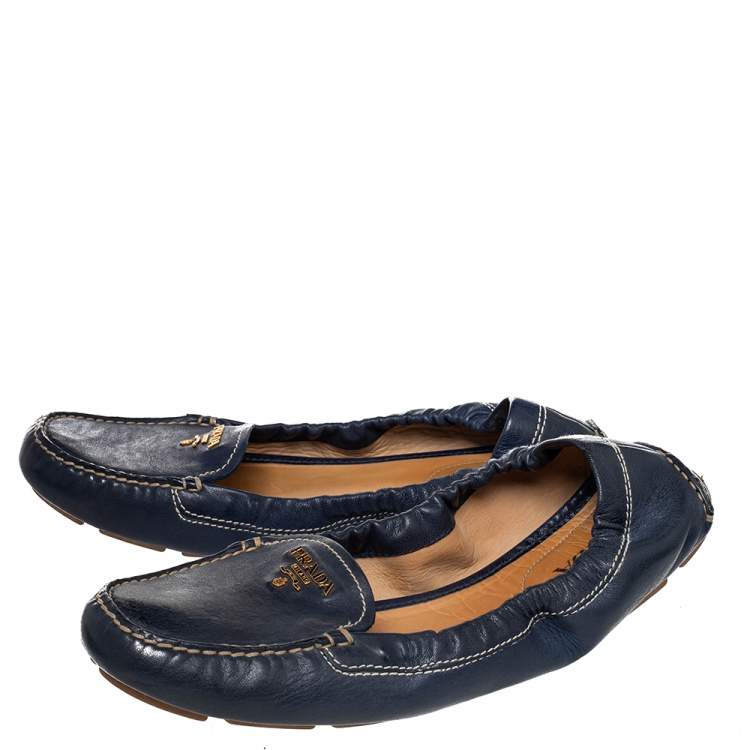 Pre Owned Prada Blue Leather Scrunch Slip On Loafers Size 39.5