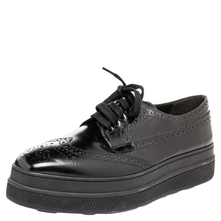 Prada Black Brogue Leather Platform Lace Up Sneakers Size