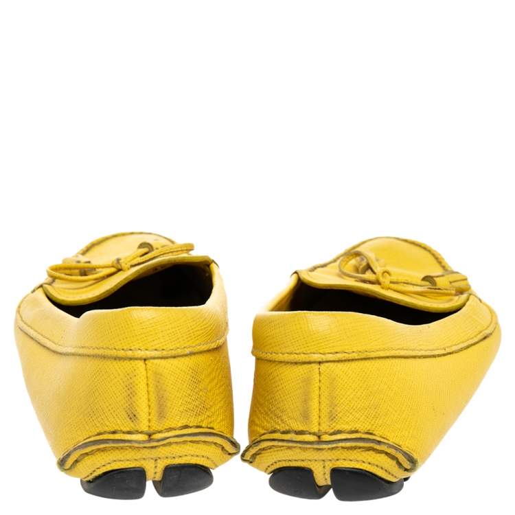 Pre Owned Prada Yellow Leather Bow Slip on Loafers Size 38