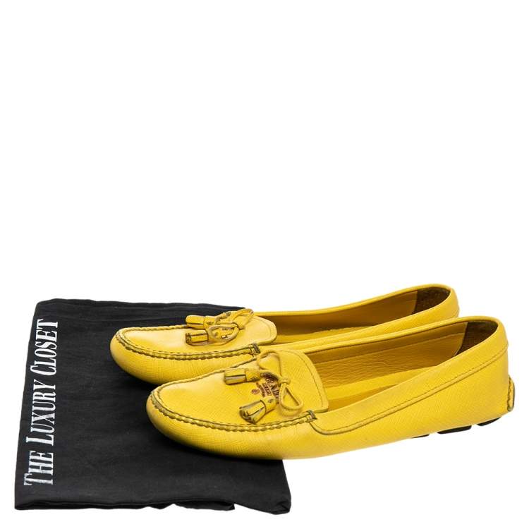 Pre Owned Prada Yellow Leather Bow Slip on Loafers Size 38