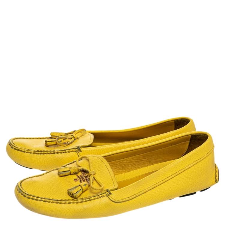 Pre Owned Prada Yellow Leather Bow Slip on Loafers Size 38