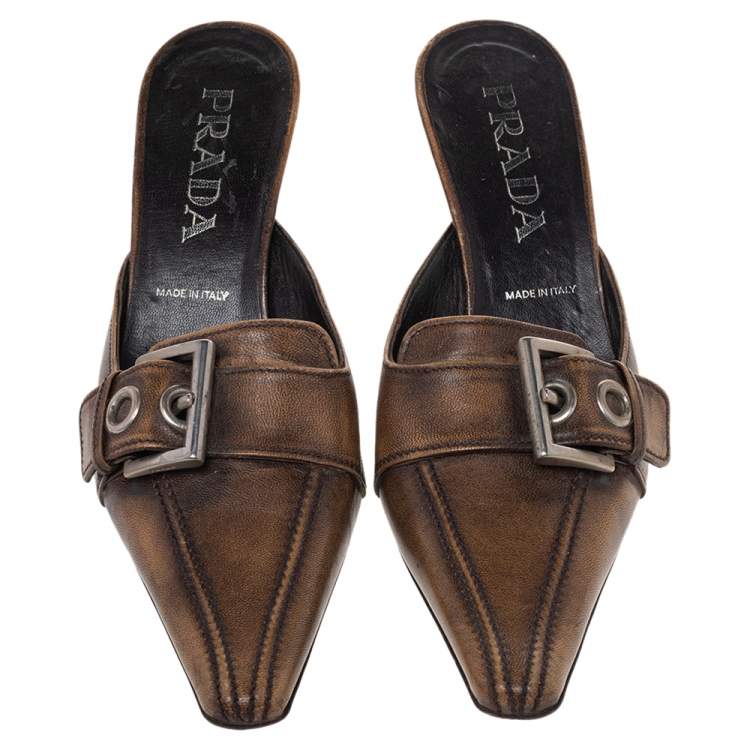 Pre Owned Prada Brown Leather Buckle Mule Sandals Size 36.5