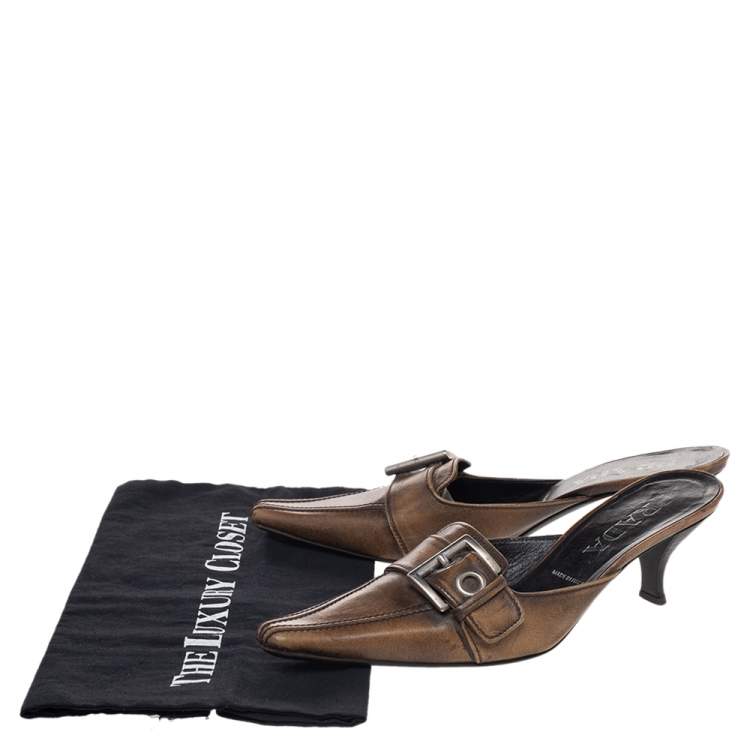 Pre Owned Prada Brown Leather Buckle Mule Sandals Size 36.5