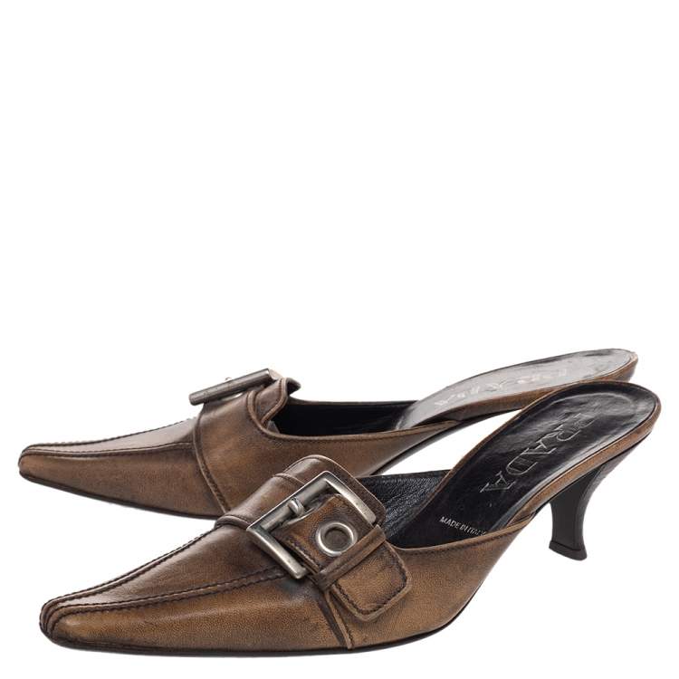 Pre Owned Prada Brown Leather Buckle Mule Sandals Size 36.5