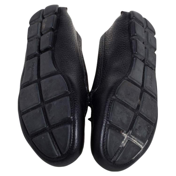 Pre Owned Prada Black Grained Leather Bow Slip On Loafers Size 36