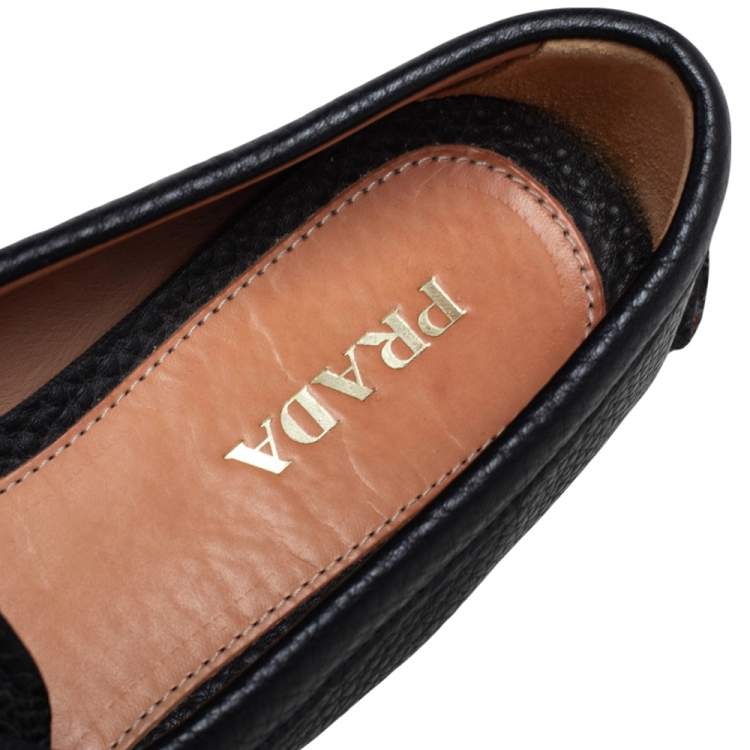 Pre Owned Prada Black Grained Leather Bow Slip On Loafers Size 36