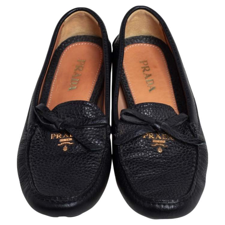 Pre Owned Prada Black Grained Leather Bow Slip On Loafers Size 36