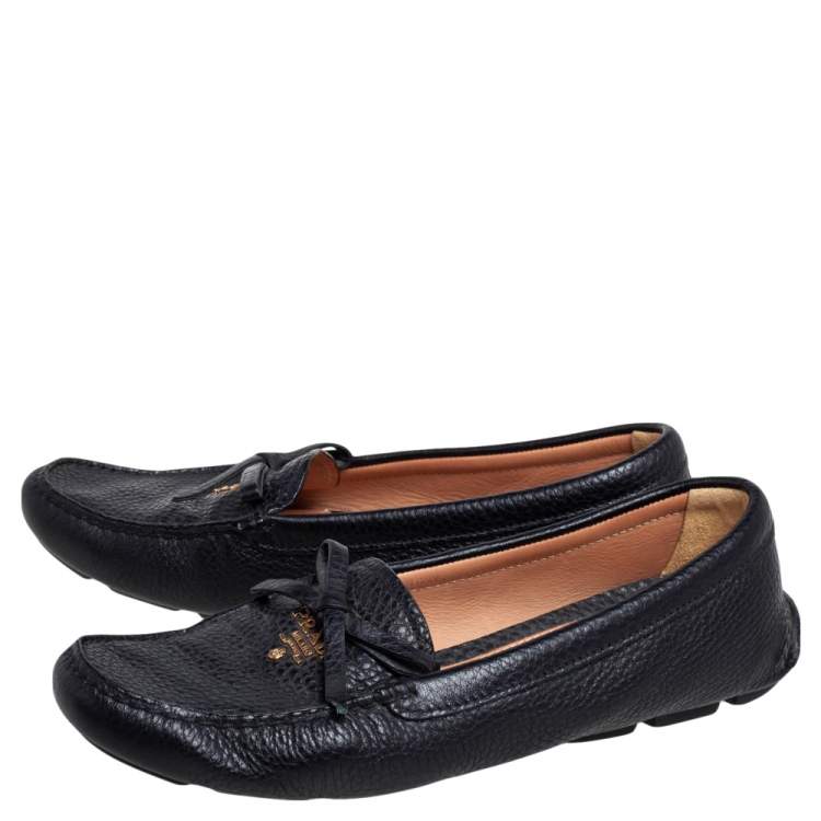 Pre Owned Prada Black Grained Leather Bow Slip On Loafers Size 36