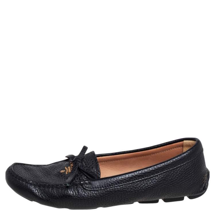 Pre Owned Prada Black Grained Leather Bow Slip On Loafers Size 36