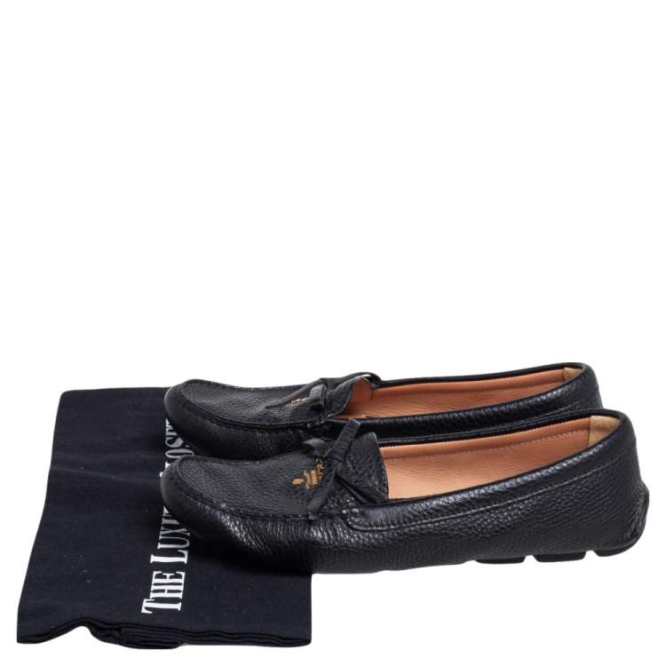 Pre Owned Prada Black Grained Leather Bow Slip On Loafers Size 36