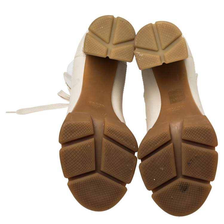 Pre Owned Prada Vanilla Leather and Neoprene Lace Up Combat Platform Boots Size 39