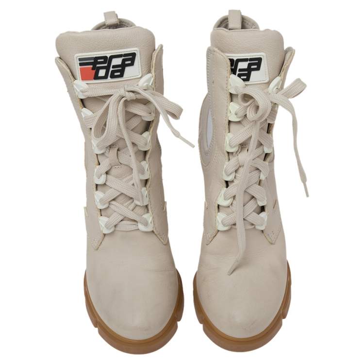 Pre Owned Prada Vanilla Leather and Neoprene Lace Up Combat Platform Boots Size 39