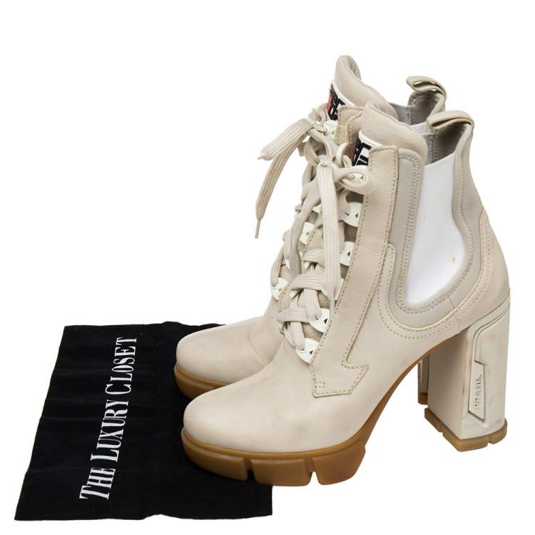 Pre Owned Prada Vanilla Leather and Neoprene Lace Up Combat Platform Boots Size 39