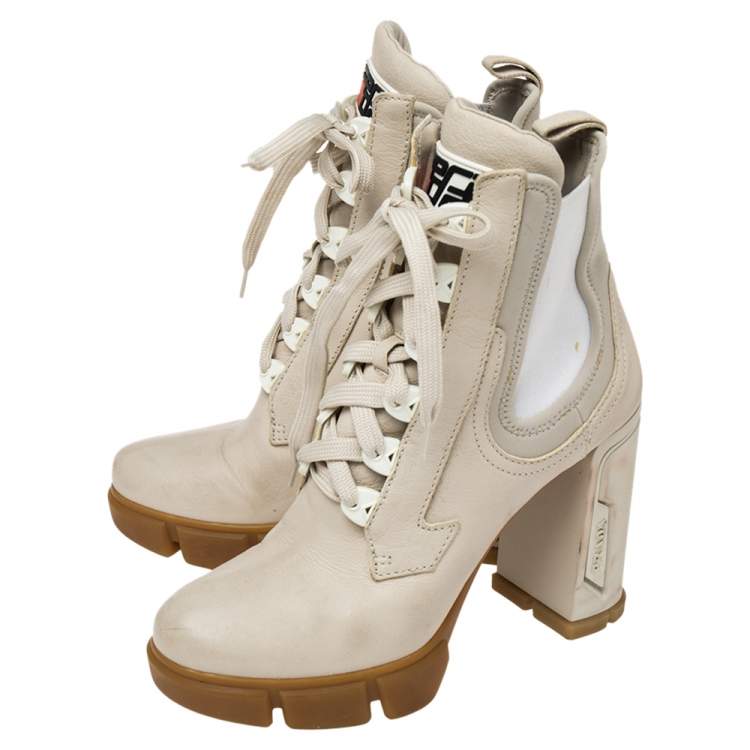 Pre Owned Prada Vanilla Leather and Neoprene Lace Up Combat Platform Boots Size 39