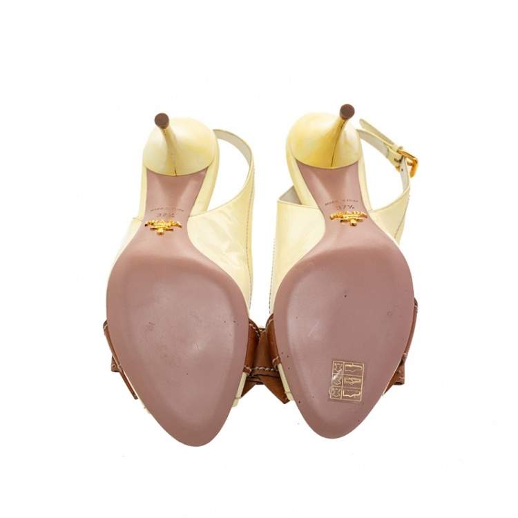 Pre Owned Prada Cream/Brown Leather Bow Peep Toe Slingback Sandals Size 37.5