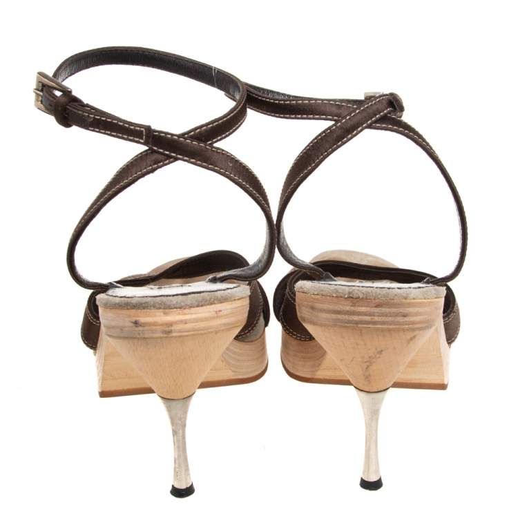 Pre Owned Prada Olive Green Satin Open Toe Ankle Strap Sandals Size 39