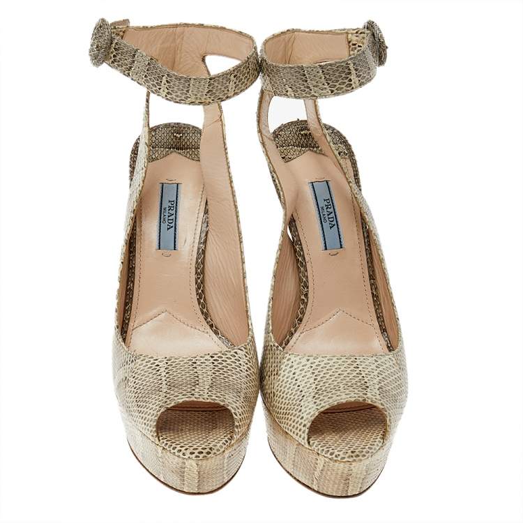 Pre Owned Prada White/Grey Karung Peep Toe Platform Ankle Strap Sandals Size 39