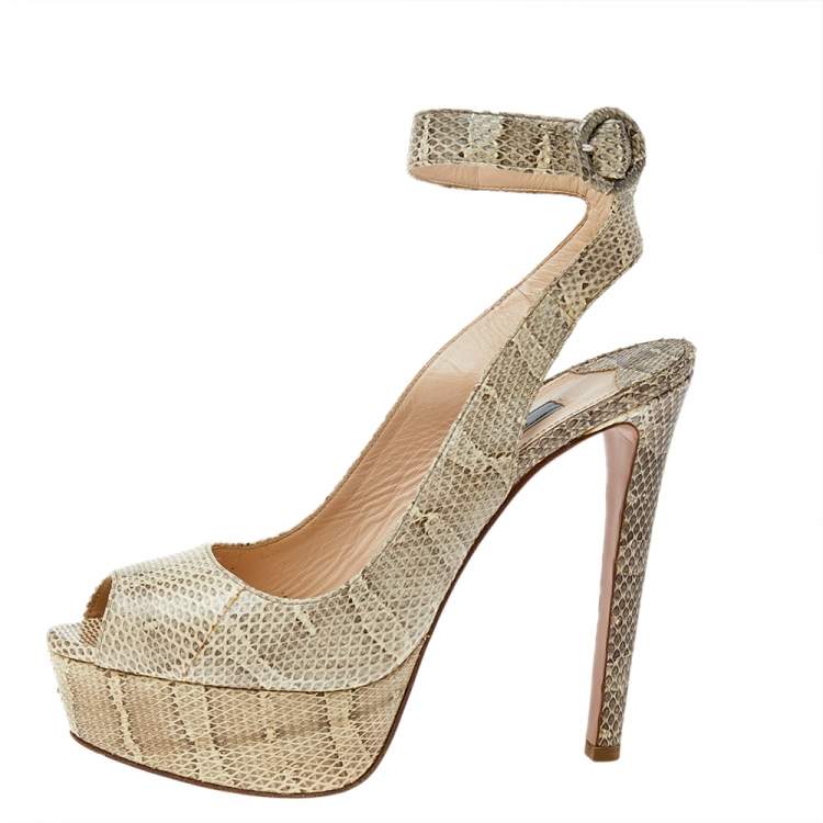 Pre Owned Prada White/Grey Karung Peep Toe Platform Ankle Strap Sandals Size 39