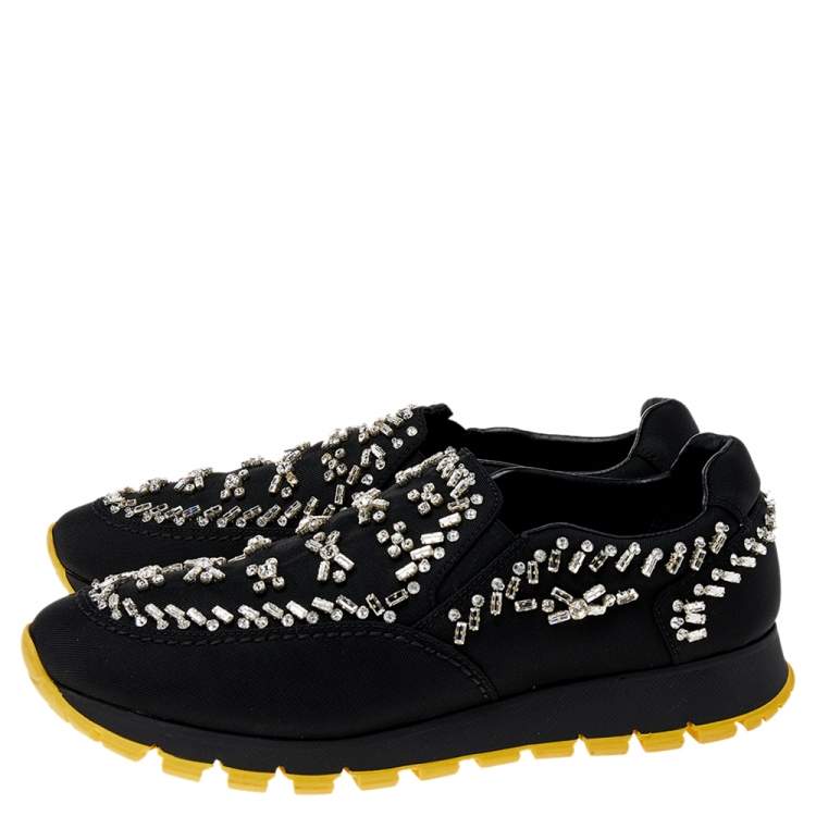 مملوكة مسبقًا Prada Black Nylon Crystal Embellished Slip On Sneakers Size 39