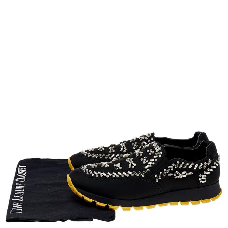 مملوكة مسبقًا Prada Black Nylon Crystal Embellished Slip On Sneakers Size 39