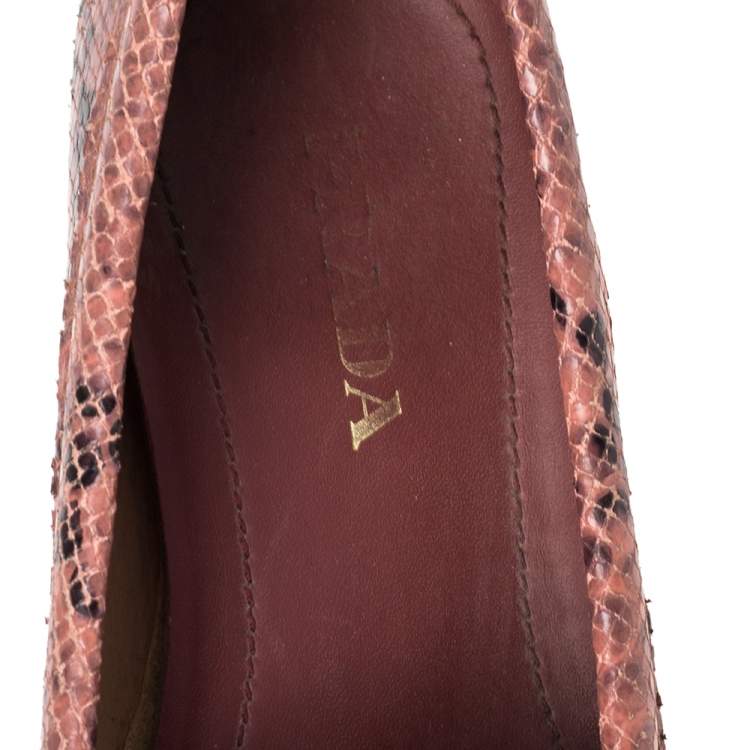 Pre Owned Prada Pink Python Embossed Leather Bow Slip On Loafers Size 37
