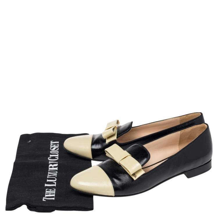 Pre Owned Prada Black/White Leather Bow Cap Toe  Loafers Size 38