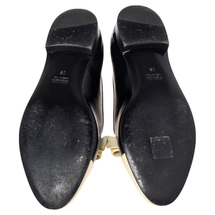 Pre Owned Prada Black/White Leather Bow Cap Toe  Loafers Size 38