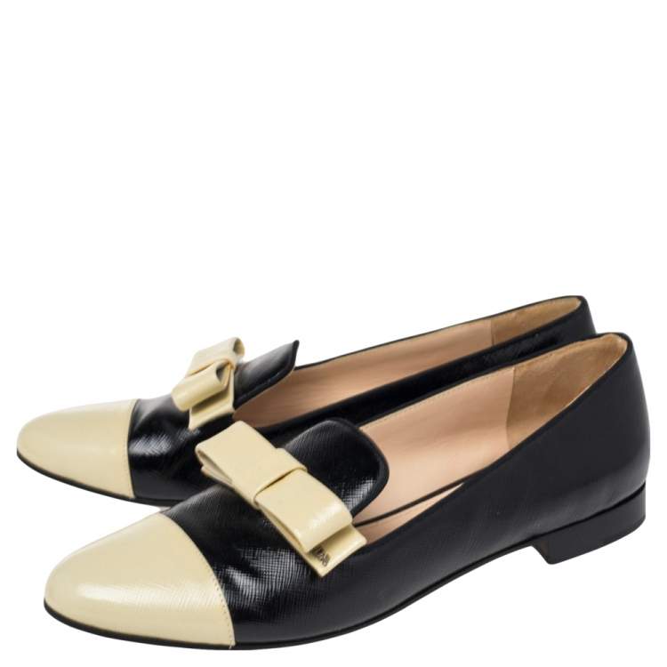 Pre Owned Prada Black/White Leather Bow Cap Toe  Loafers Size 38