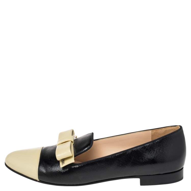 Pre Owned Prada Black/White Leather Bow Cap Toe  Loafers Size 38