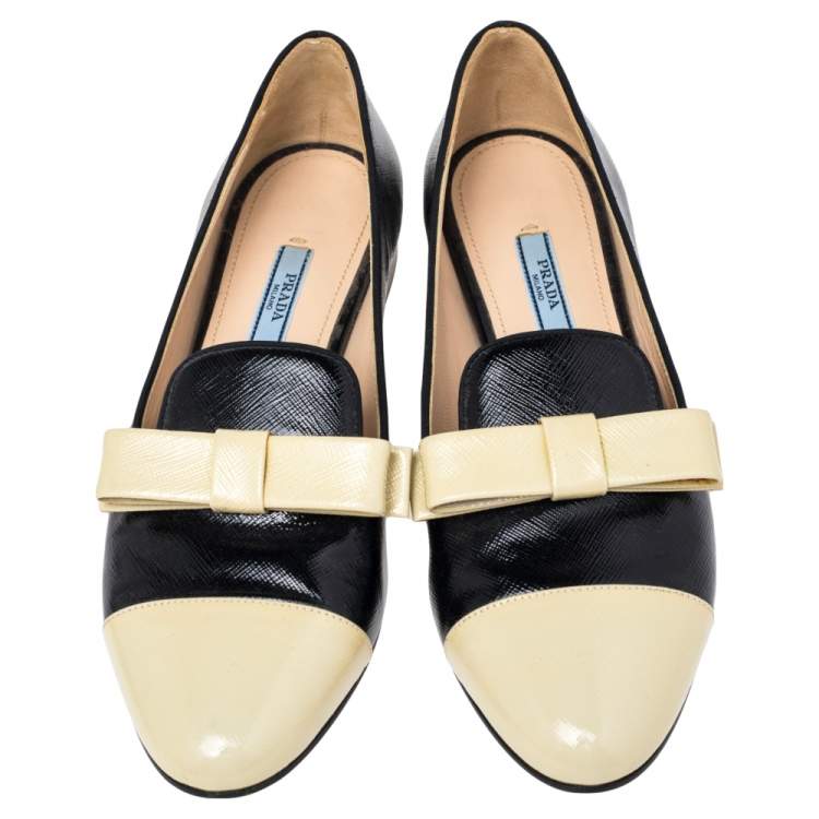 Pre Owned Prada Black/White Leather Bow Cap Toe  Loafers Size 38