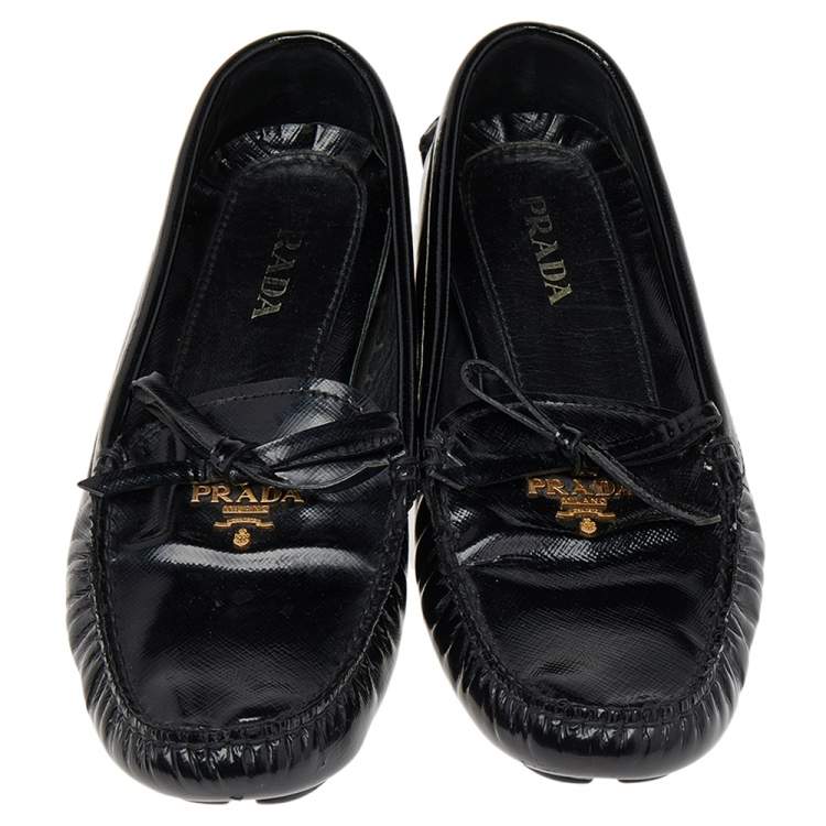 Pre Owned Prada Black Patent Leather Bow Loafers Size 38