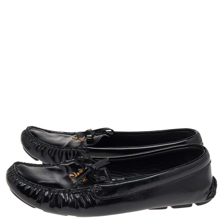 Pre Owned Prada Black Patent Leather Bow Loafers Size 38