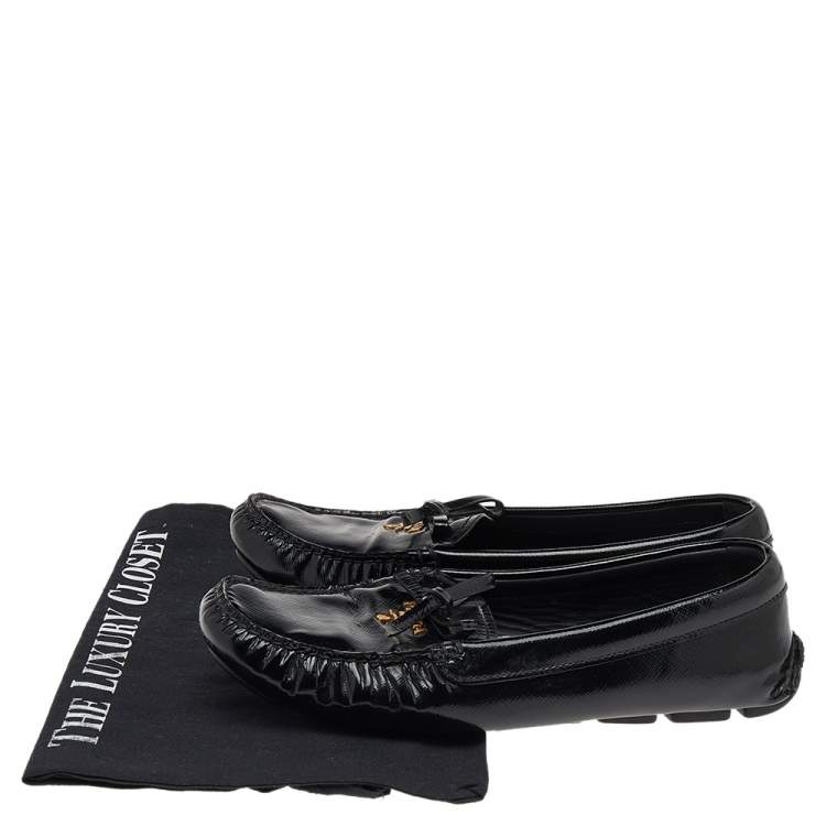 Pre Owned Prada Black Patent Leather Bow Loafers Size 38