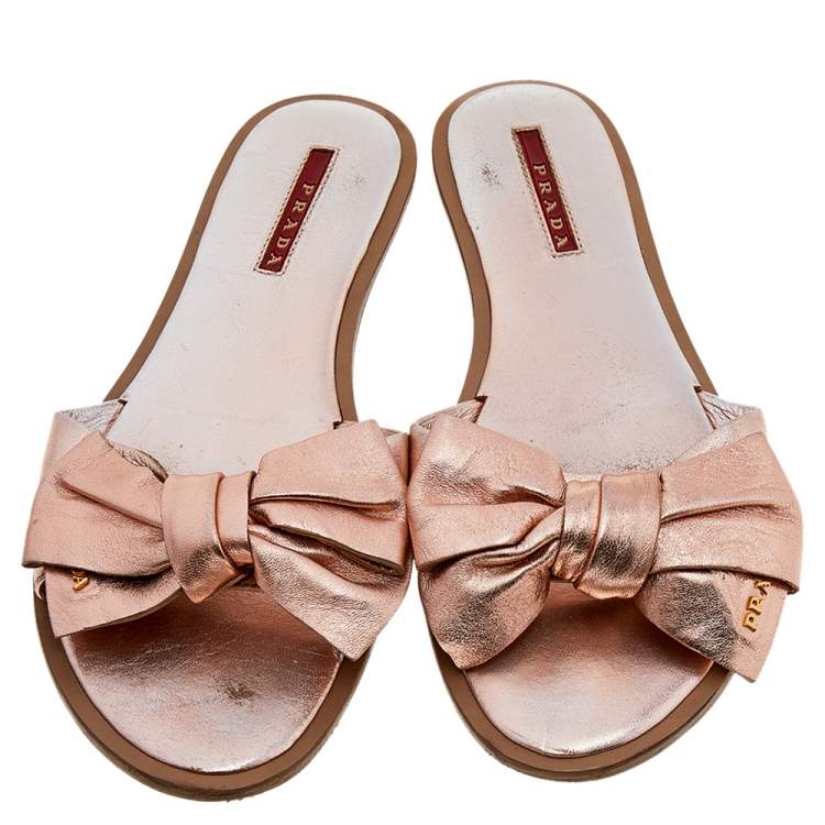 Pre Owned Prada Pink Leather Bow Slide Sandals Size 38