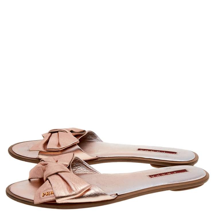 Pre Owned Prada Pink Leather Bow Slide Sandals Size 38